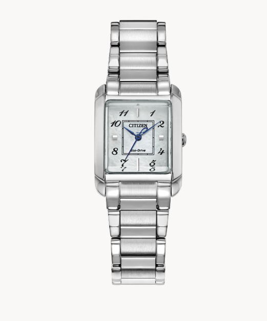 Citizens L Bianca women's watch with Eco-Drive and rectangular silver face in stainless steel.