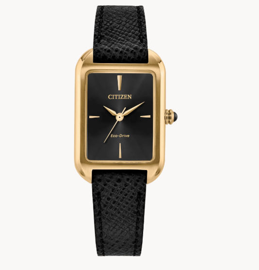 Citizens Dress Classic gold Eco-Drive watch with black dial, yellow gold-tone steel, time set to 10:08.