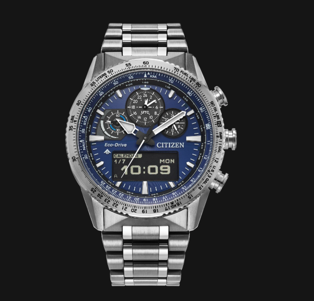 Citizens Promaster Skyhawk U830 Watch: stainless steel, blue dial, analog-digital chronograph, three side buttons.