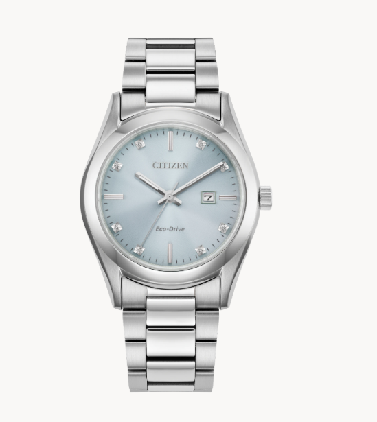 Citizens Sport Luxury Watch: light blue face, metal band, date display; classic stainless steel women’s style.