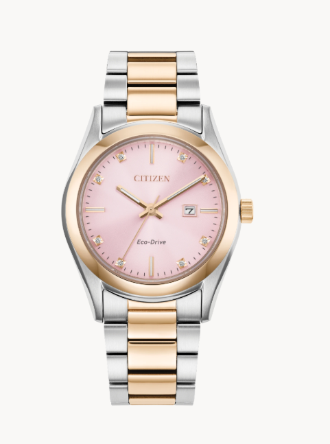 Citizens Sport Luxury Watch with two-tone stainless steel, pink dial, gold markers, and date at 3 o'clock.