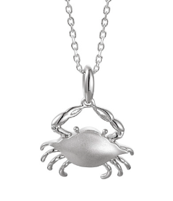 Alamea 14K white gold crab pendant necklace, coastal-inspired jewelry on a simple chain, shown on white background.