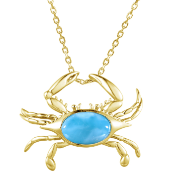 Alamea’s 14K Yellow Gold Larimar Crab Pendant features a blue oval stone—perfect for coastal fine jewelry lovers.