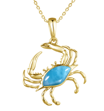 Alamea 14K Yellow Gold Larimar Crab Pendant necklace—a coastal fine jewelry piece featuring a blue gemstone center.
