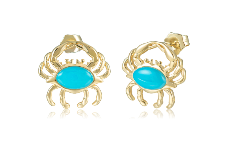Alamea 14K Yellow Gold Larimar Crab Earrings featuring bright oval stones, shown on a white background.