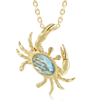 Alamea 14K Yellow Gold Blue Crab Pendant with blue gemstone body and diamond eyes on a gold chain.