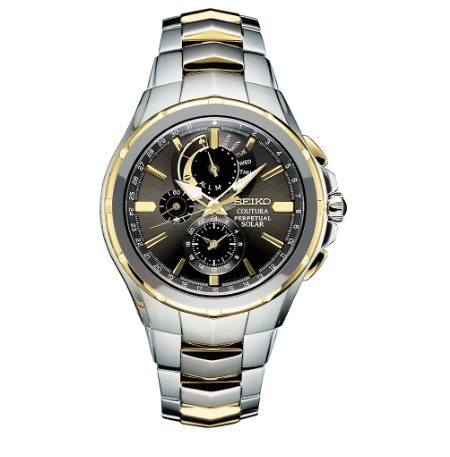 A Seiko Central Perpetual Caliber watch with a two-tone silver and gold stainless steel bracelet, a gold-tone bezel, and a black dial with gold accents.