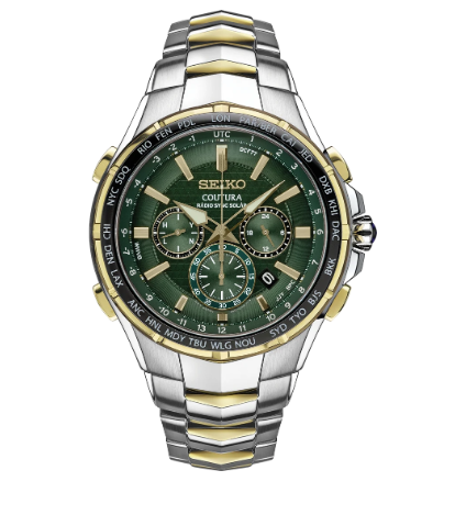 A Seiko Oyster Perpetual chronograph watch with a green dial and a two-tone silver and gold stainless steel bracelet, shown against a plain white background.
