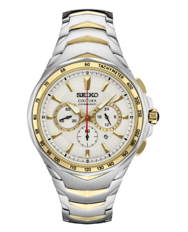 Seiko Coutura Watch: Two-tone stainless steel, tachymeter bezel, and three subdials on a white background.