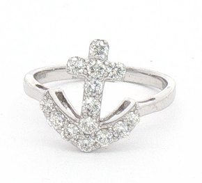 Heera Moti 14K White Gold Diamond Anchor Ring shines, a perfect nautical piece for sea lovers.