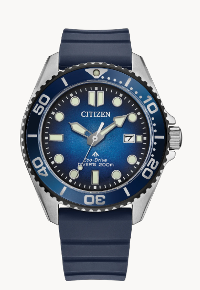 Citizens Promaster Dive Watch Blue with Eco-Drive, luminous markers, date window, and a durable rubber strap.
