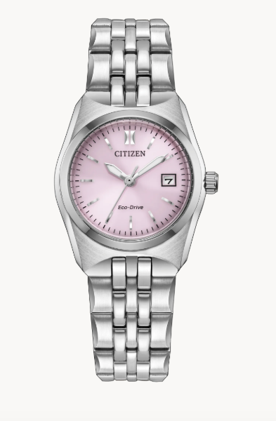 Citizen Eco-Drive women's watch featuring a silver stainless steel link bracelet and a light pink dial with a date window.
