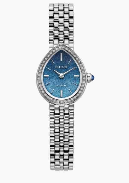 Citizen Co-Drift watch with a teardrop-shaped silver stainless steel case, a blue dial with diamond hour markers, and a matching silver link bracelet on a light gray background.
