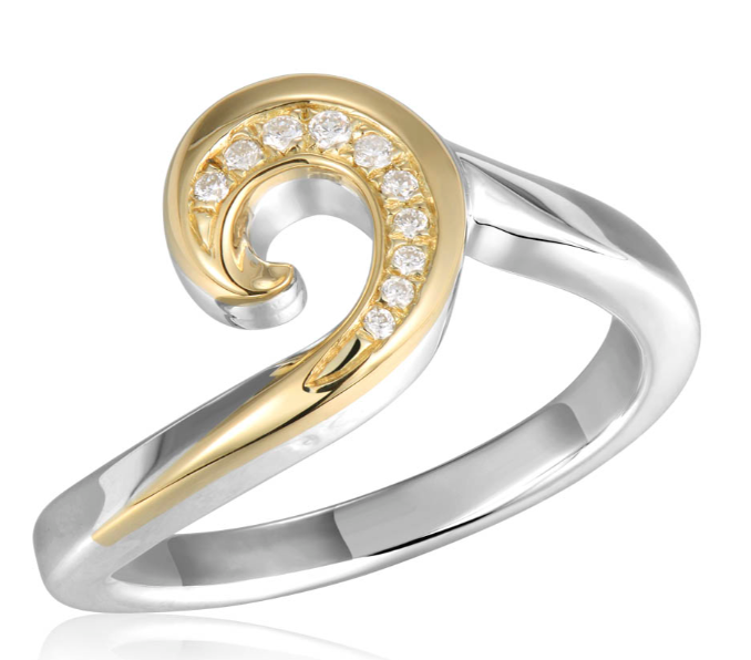 Alamea SS 14KY Wave Ring with lab-grown diamonds, in white and gold, shown on a white background.
