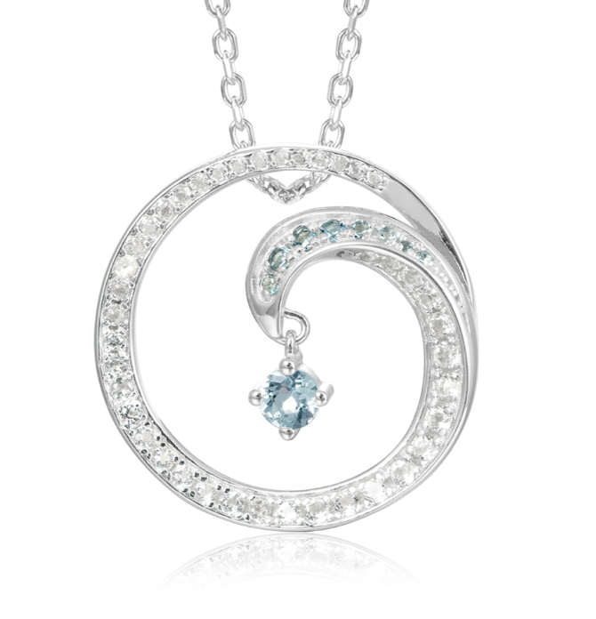 Alamea SS 925 Wave Pendant with aquamarine and white topaz gemstones. Elegant, dangling design.