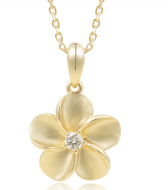 Alamea 14K YG Plumeria Flower Pendant features a diamond center, adding elegance to any look.