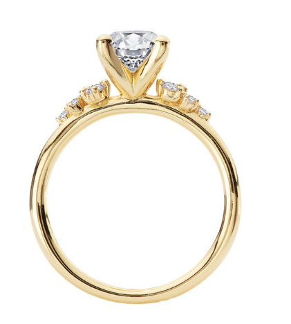Romance Semi-Mount Diamond Engagement Ring in 14kt yellow gold with central diamond and round clusters, shown on white.