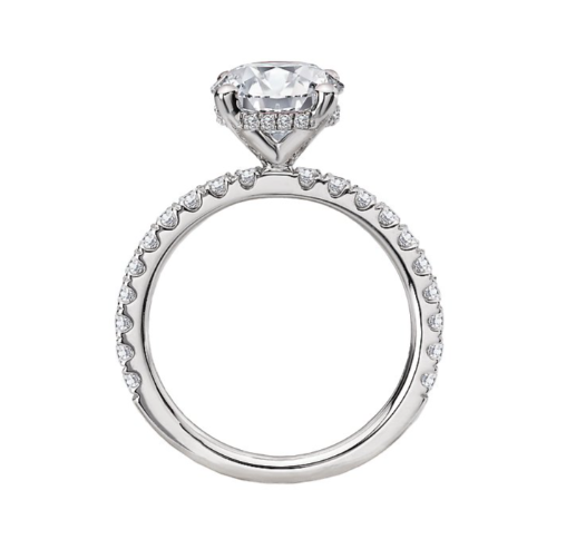 Side view of the Romance Diamond Semi-Mount Engagement Ring in white gold with a round center and pavé band.