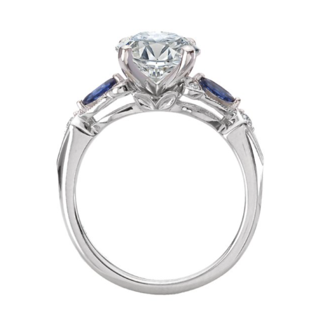 The Romance Diamond and Sapphire Semi-Mount Ring features a round center and marquise sapphires in 14kt white gold.