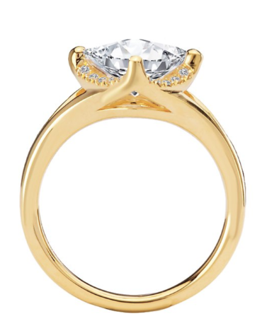 The Romance Semi-Mount Diamond Halo Engagement Ring by Romance in 14kt yellow gold with a round diamond, side view.