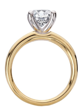 The Romance Semi-Mount Diamond Engagement Ring features 14kt yellow gold and a round diamond in white gold prongs.