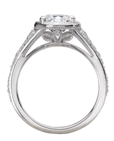 Side view of the Romance Diamond Semi-Mount Engagement Ring with migraine detail by Romance, featuring an ornate band.