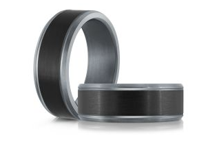 Black and silver colored tantalum & carbon fibre ring.