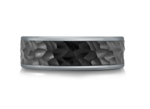 Silver colored tantalum ring with black textured band.