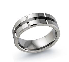 Silver colored tungsten ring with a black stripe.