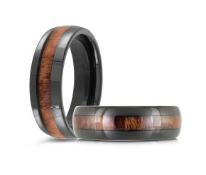 Black tungsten men's ring with wooden inlay.