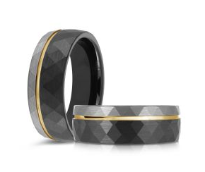 Black tungsten men's ring with gold colored accent.