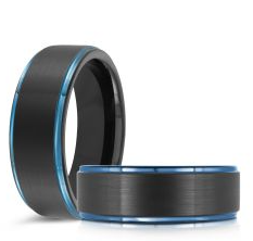 Two Malo 7mm Tungsten Men's Rings, one upright and one flat, in black and blue.