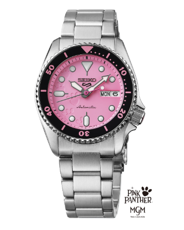 A Seiko women's stainless steel watch featuring a pink dial and a black rotating bezel, shown against a plain white background with a 'Pink Panther MGM' logo in the bottom right corner.