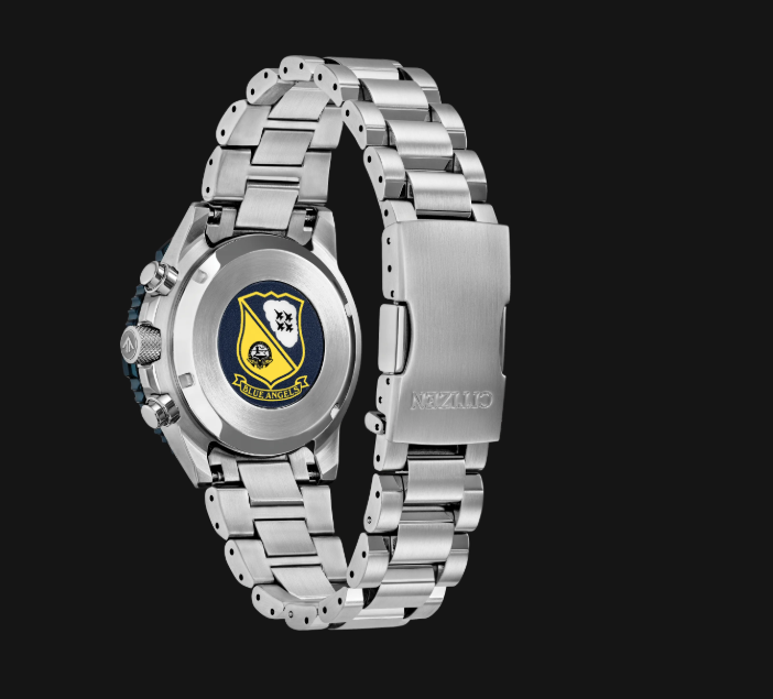 Citizens Blue Angels Promaster Air Navihawk watch with metal band; yellow and black crest on the backplate.