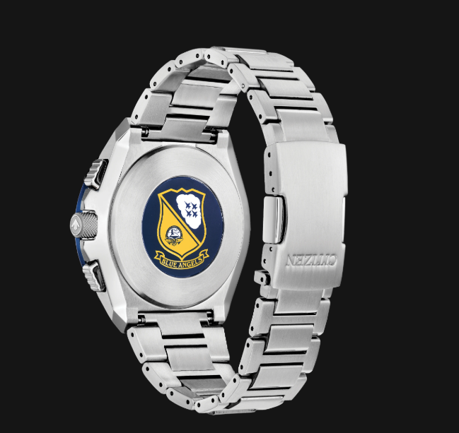 Citizens Promaster Skyhawk A-T: silver back with blue, white, and yellow—Blue Angels watch collection signature.