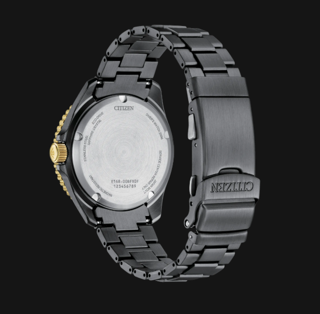 Promaster Dive LIGHT in BLACK by Citizens, metal band, back case & clasp shown, engraved with brand & serial numbers.