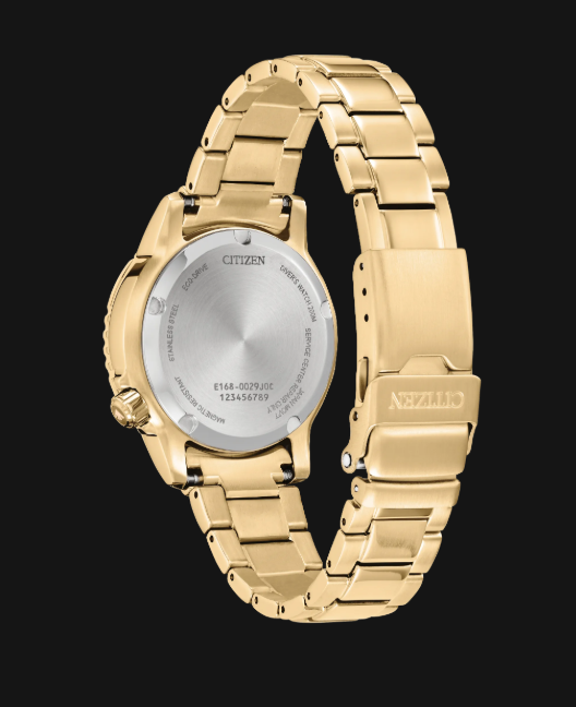 Promaster Dive Citizen's Watch by Citizens with metal band, shown from the back to display case and clasp.