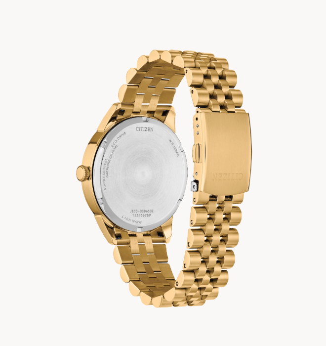 Rolan Citizens Watch: Gold-tone stainless steel, link band, engraved caseback, vintage-inspired Eco-Drive design.