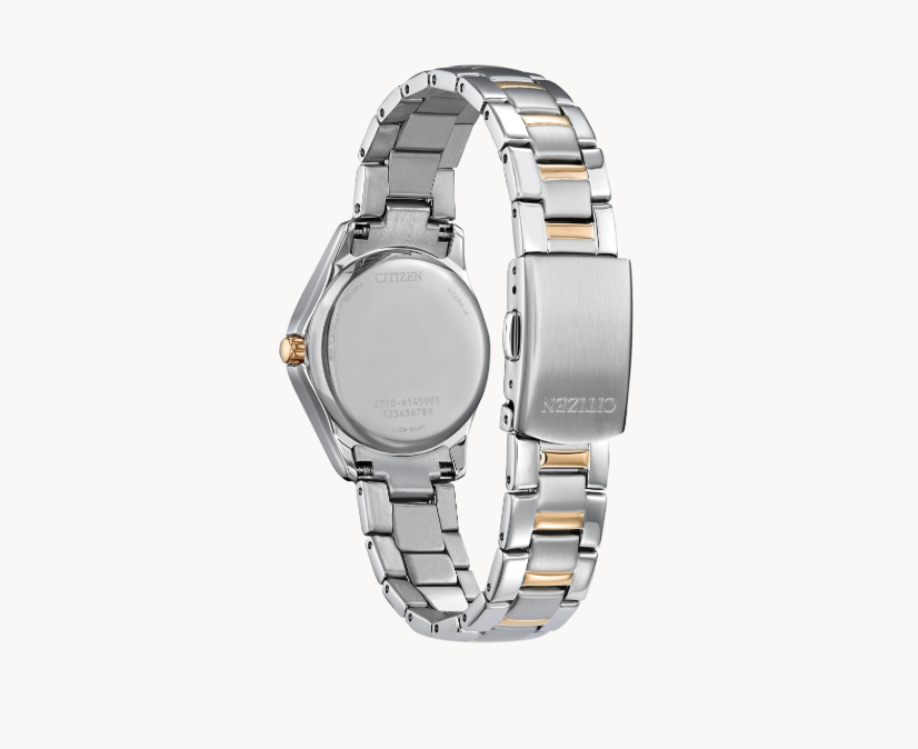 Back view of Crystal Citizen's Watch by Citizens, featuring two-tone stainless steel clasp and engraved case back.