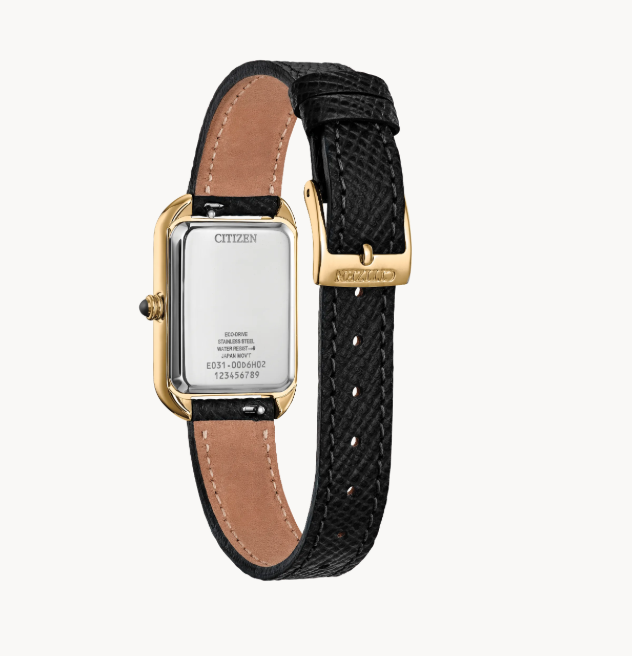 Back view of Citizen's Dress Classic watch: yellow gold-tone case, black leather strap, engraving visible.