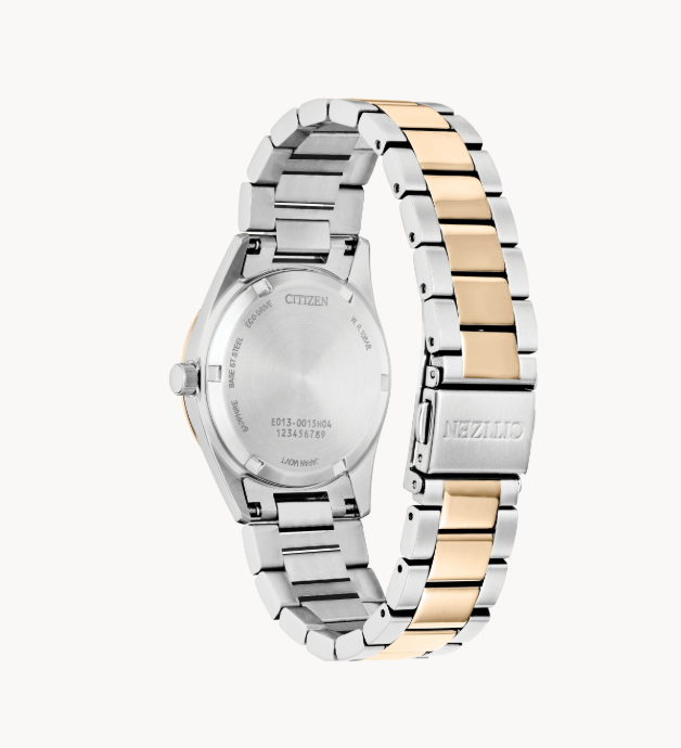 Back view of a Citizens Sport Luxury Watch in two-tone steel, showing the clasp and engraved case.
