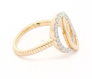 A yellow gold ring with a unique interlocking double-oval design, featuring a pavé diamond halo on one side and a textured band on the other, set against a plain white background.