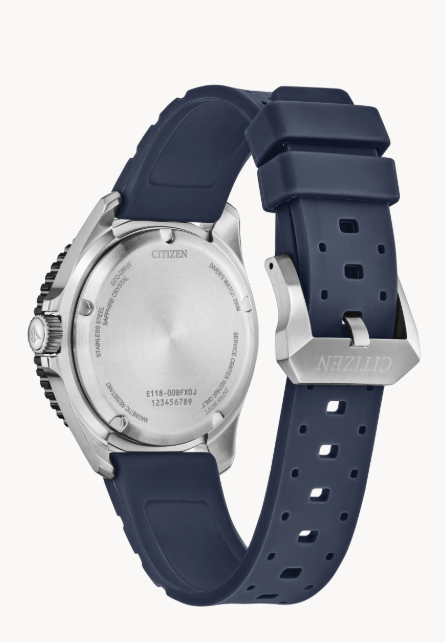 Citizens Promaster Dive Watch Blue with Eco-Drive, blue silicone strap, and stainless steel detailed caseback.