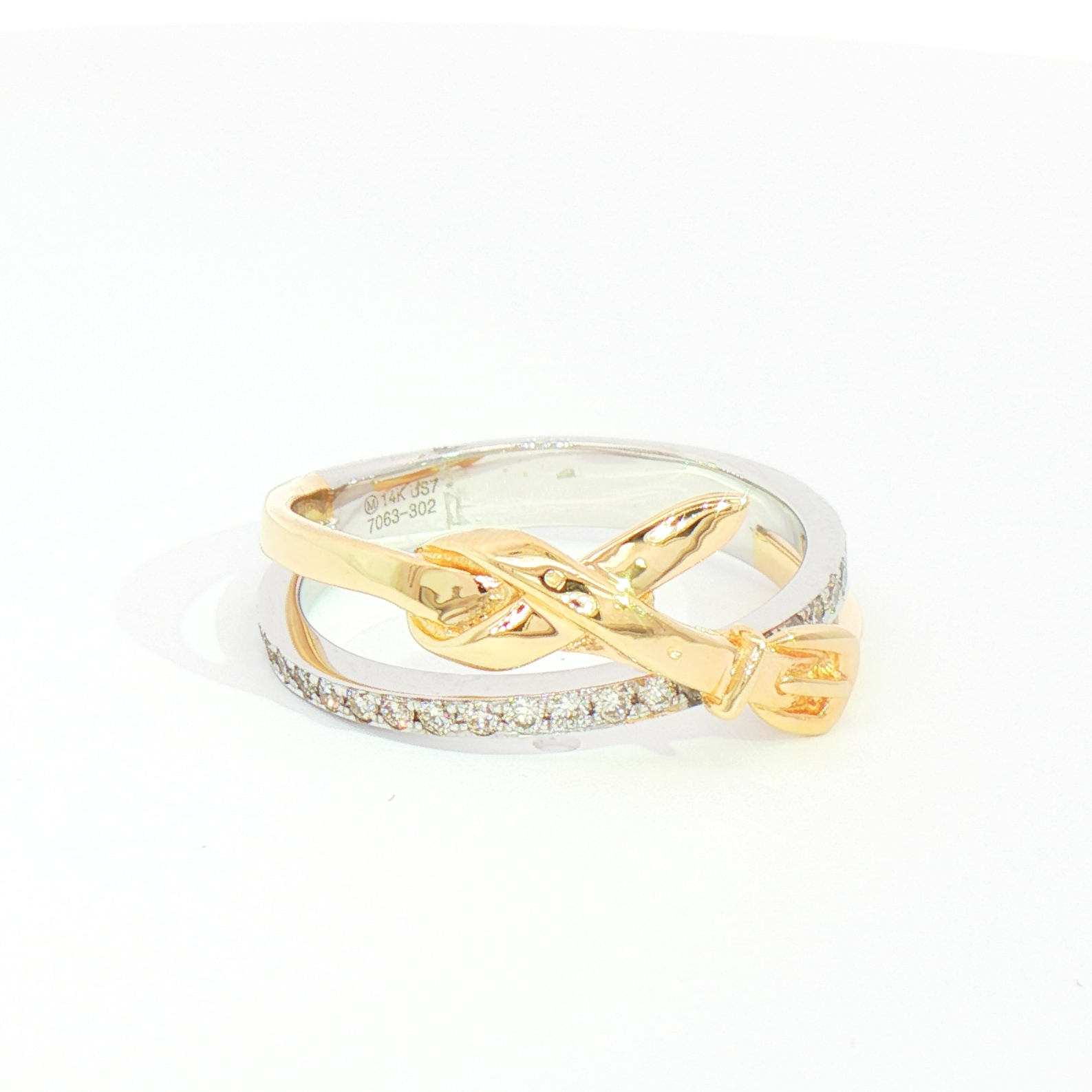 Heera Moti 14k Diamond Crossover Fashion Ring—a unique, stylish piece in gold and silver on a white background.