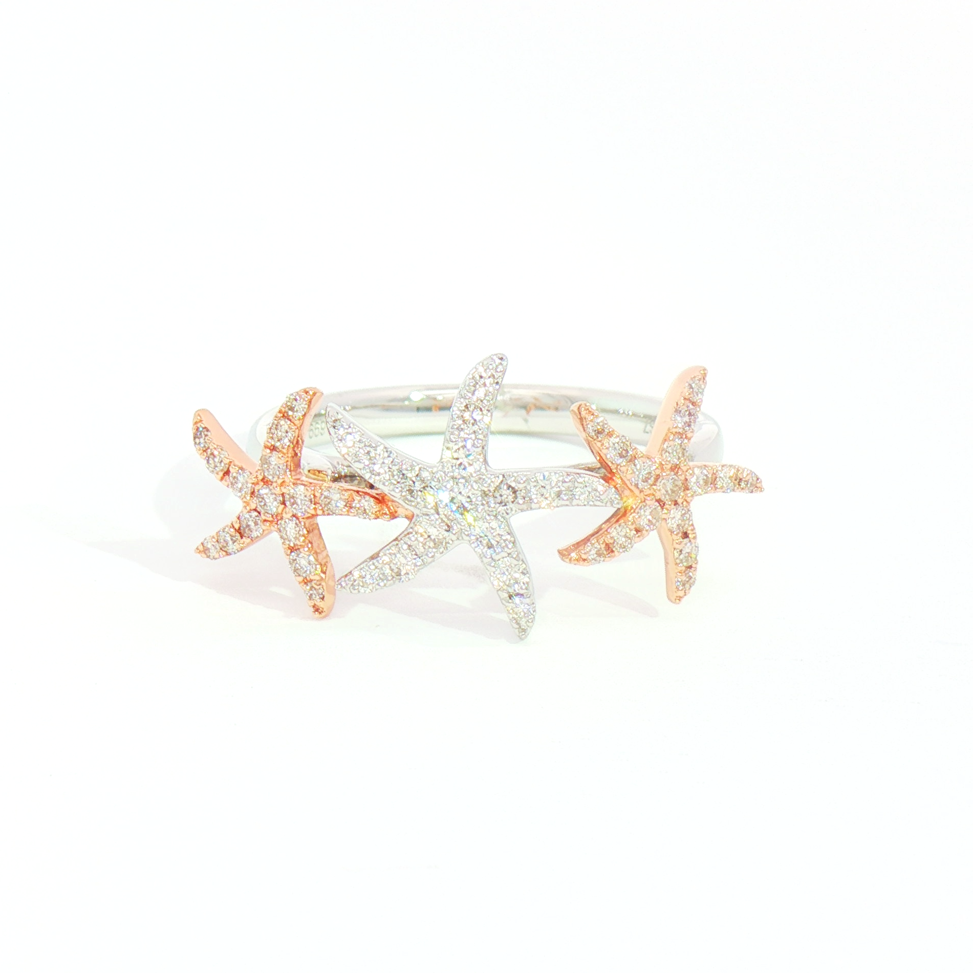 The Kent Island Jewelry 14K 2T Diam Starfish Ring (0.33ctw) features rose gold and silver starfish with sparkling stones.