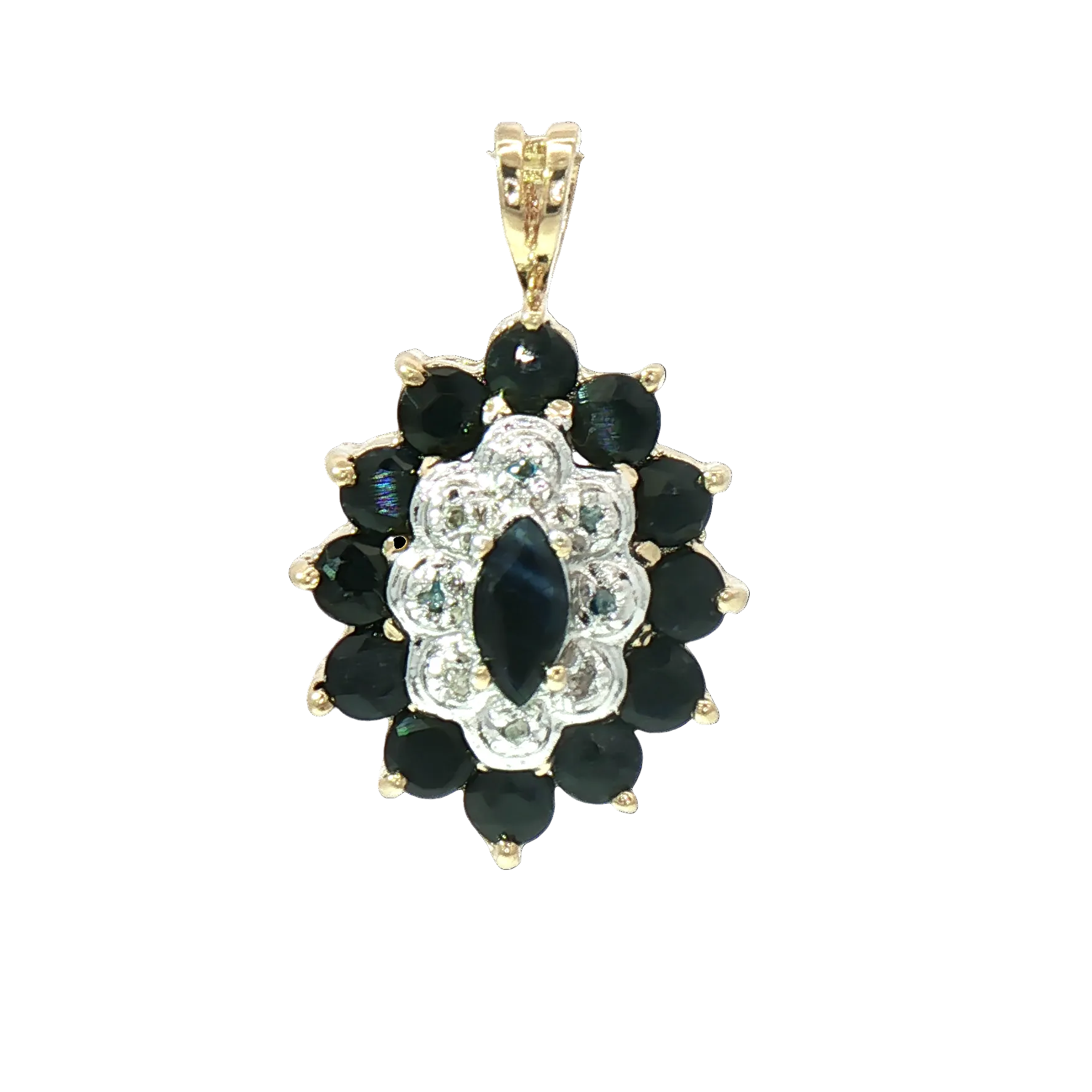 Kent Island Jewelry Estate: 10K yellow gold blue spinel and diamond cluster pendant in a floral design.