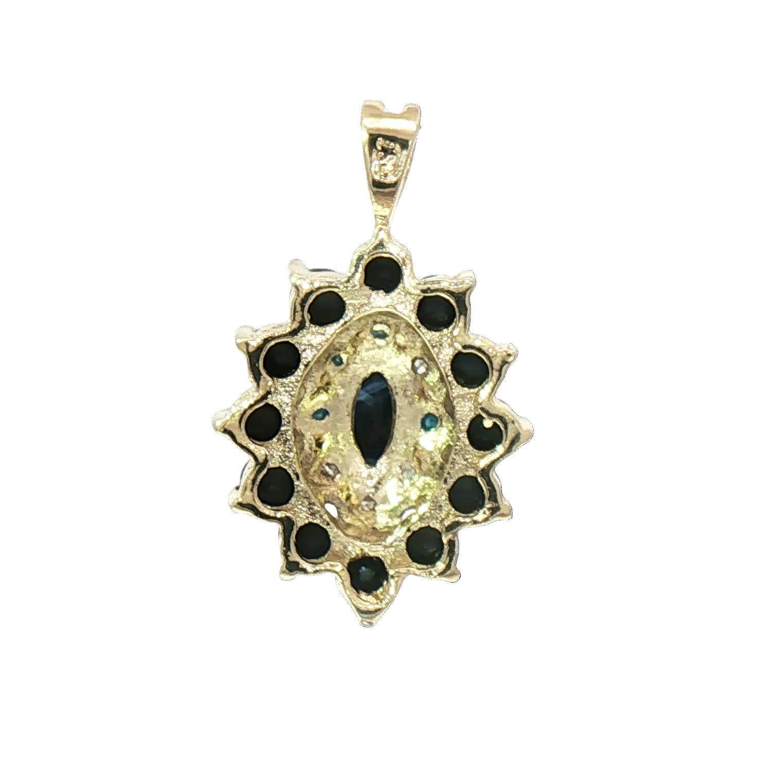 Kent Island Jewelry Estate 10K yellow gold pendant features blue spinel and diamond cluster in an ornate oval design.
