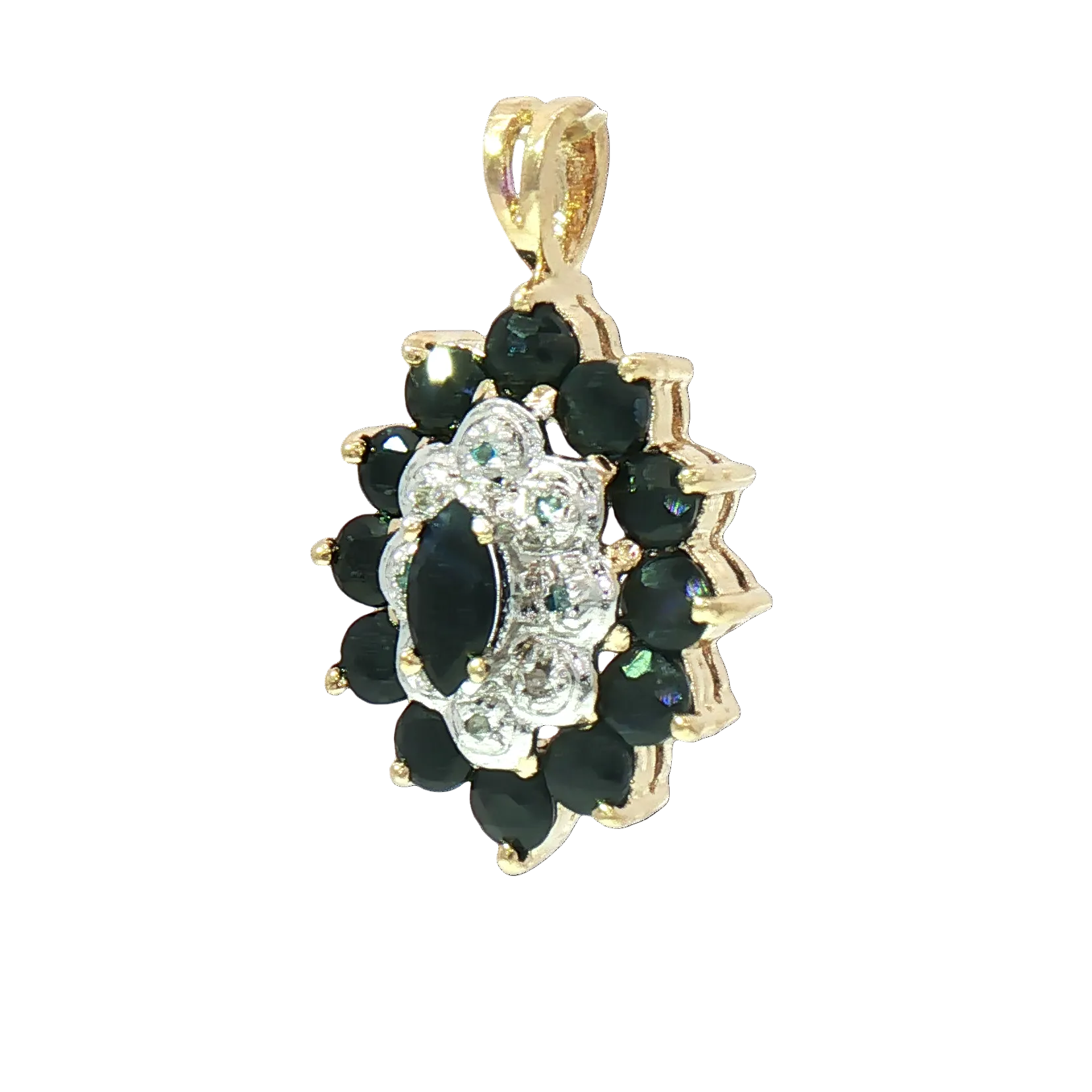 Kent Island Jewelry: Estate 10K Yellow Gold pendant with blue spinel and diamond cluster on white background.
