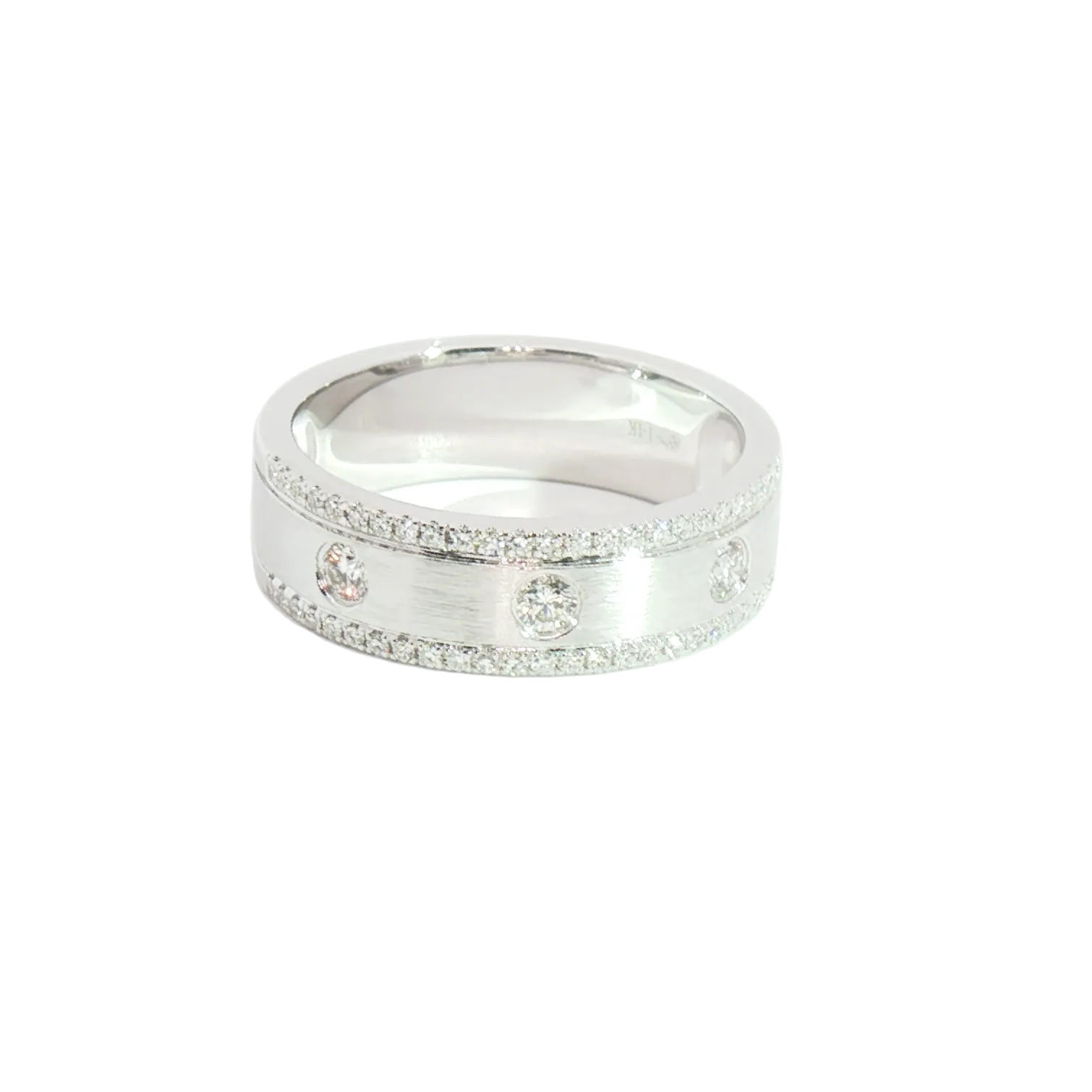 Roman & Jules 14K white gold band ring with bezel set diamonds, brushed finish, and decorative edges.