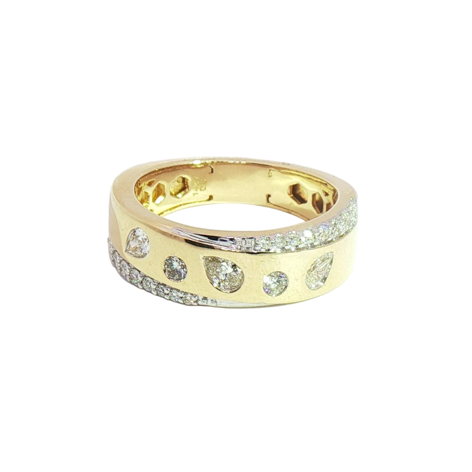 The Diamond Universe 14K Mixed Shape Diamond Band features teardrop and brilliant cut diamonds in two rows along the band.